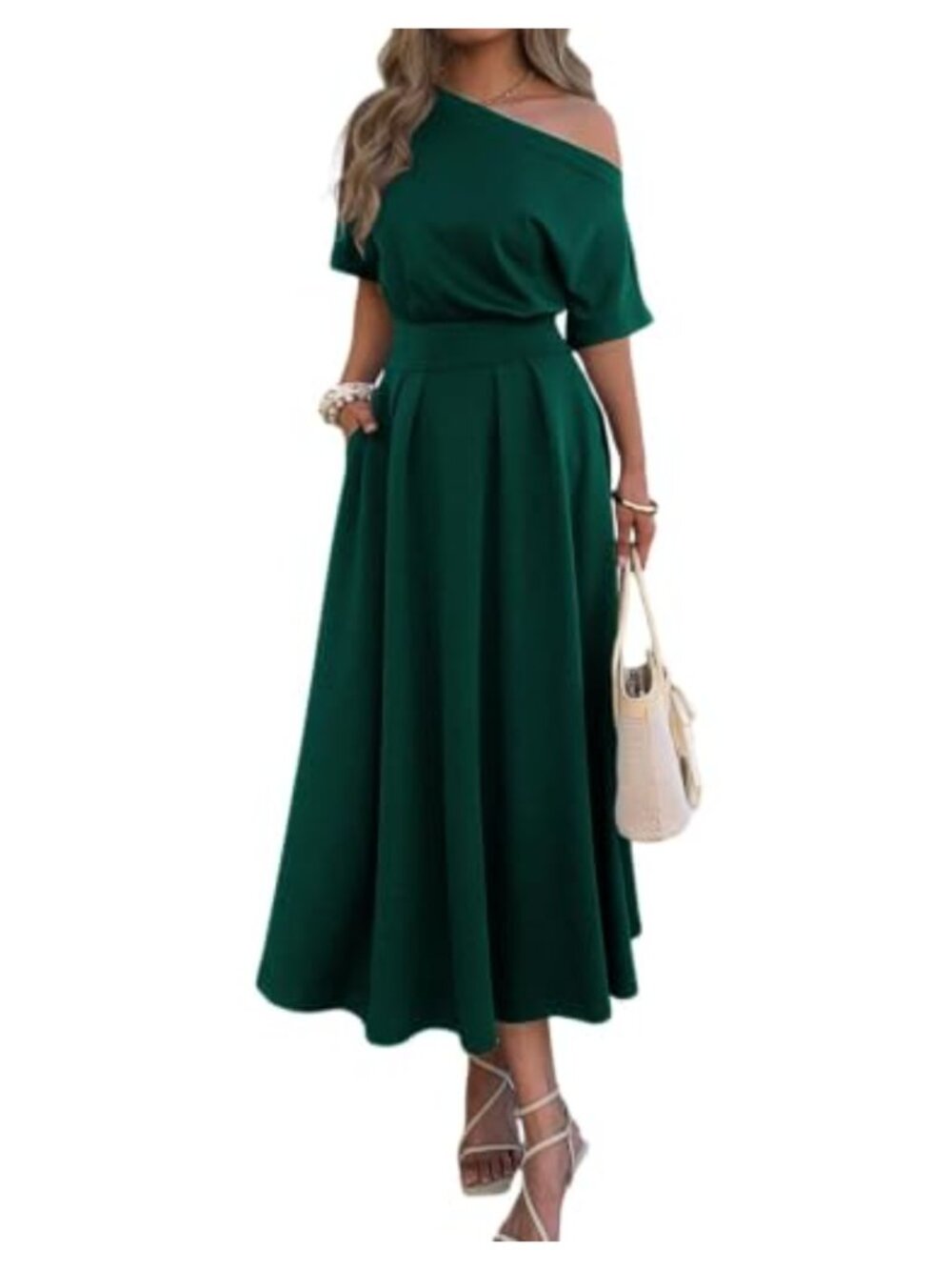 Elegant One Shoulder Empire Waist Maxi Dress with Pockets